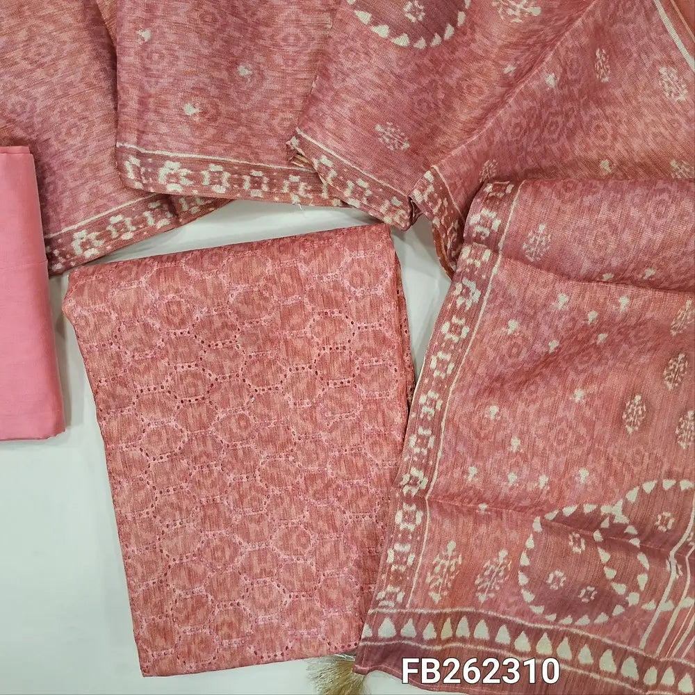 Onion pink with golden tint tissue silk cotton unstitched salwar material (lining needed) cut work and embroidery work on front, matching silk cotton bottom, digital printed short width tissue silk cotton dupatta.FB262310