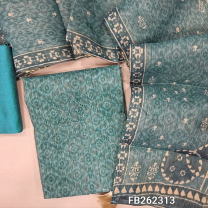 Blue with golden tint tissue silk cotton unstitched salwar material (lining needed) cut work and embroidery work on front, matching silk cotton bottom, digital printed short width tissue silk cotton dupatta.FB262313