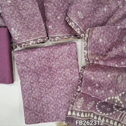 Purple with golden tint tissue silk cotton unstitched salwar material (lining needed) cut work and embroidery work on front, matching silk cotton bottom, digital printed short width tissue silk cotton dupatta.FB262312
