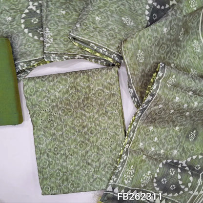 Light mossy green with golden tint tissue silk cotton unstitched salwar material (lining needed) cut work and embroidery work on front, matching silk cotton bottom, digital printed short width tissue silk cotton dupatta.FB262311