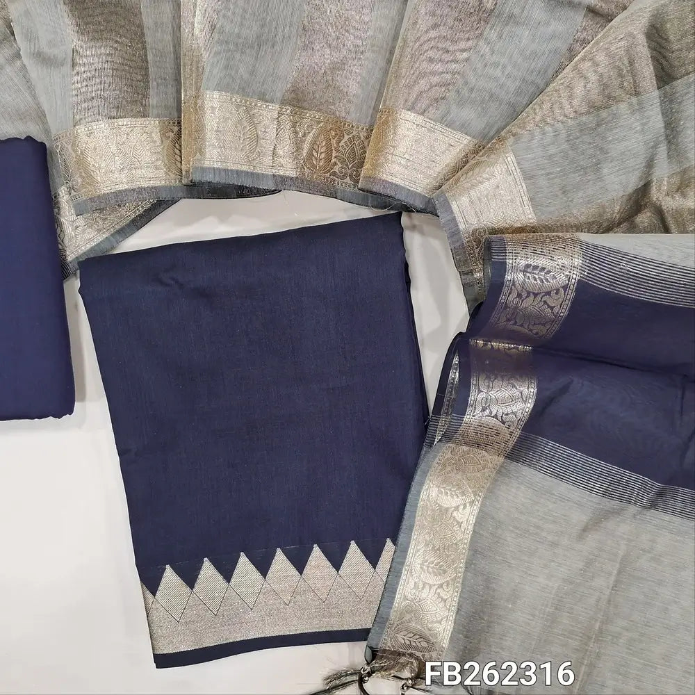 Dark blue semi Maheshwari silk cotton unstitched salwar material (lining needed) double side benarasi borders, matching silk cotton bottom, tissue lines semi Maheshwari silk cotton dupatta with borders & tassels. FB262316