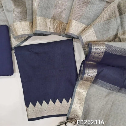 Dark blue semi Maheshwari silk cotton unstitched salwar material (lining needed) double side benarasi borders, matching silk cotton bottom, tissue lines semi Maheshwari silk cotton dupatta with borders & tassels. FB262316
