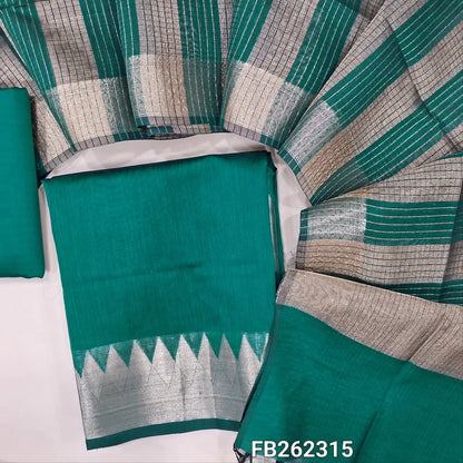Peacock green semi Maheshwari silk cotton unstitched salwar material (lining needed) double side benarasi borders, matching silk cotton bottom, tissue lines semi Maheshwari silk cotton dupatta with borders & tassels. FB262315