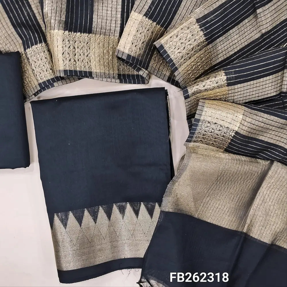 Black semi Maheshwari silk cotton unstitched salwar material (lining needed) double side benarasi borders, matching silk cotton bottom, tissue lines semi Maheshwari silk cotton dupatta with borders & tassels. FB262318