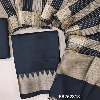 Black semi Maheshwari silk cotton unstitched salwar material (lining needed) double side benarasi borders, matching silk cotton bottom, tissue lines semi Maheshwari silk cotton dupatta with borders & tassels. FB262318