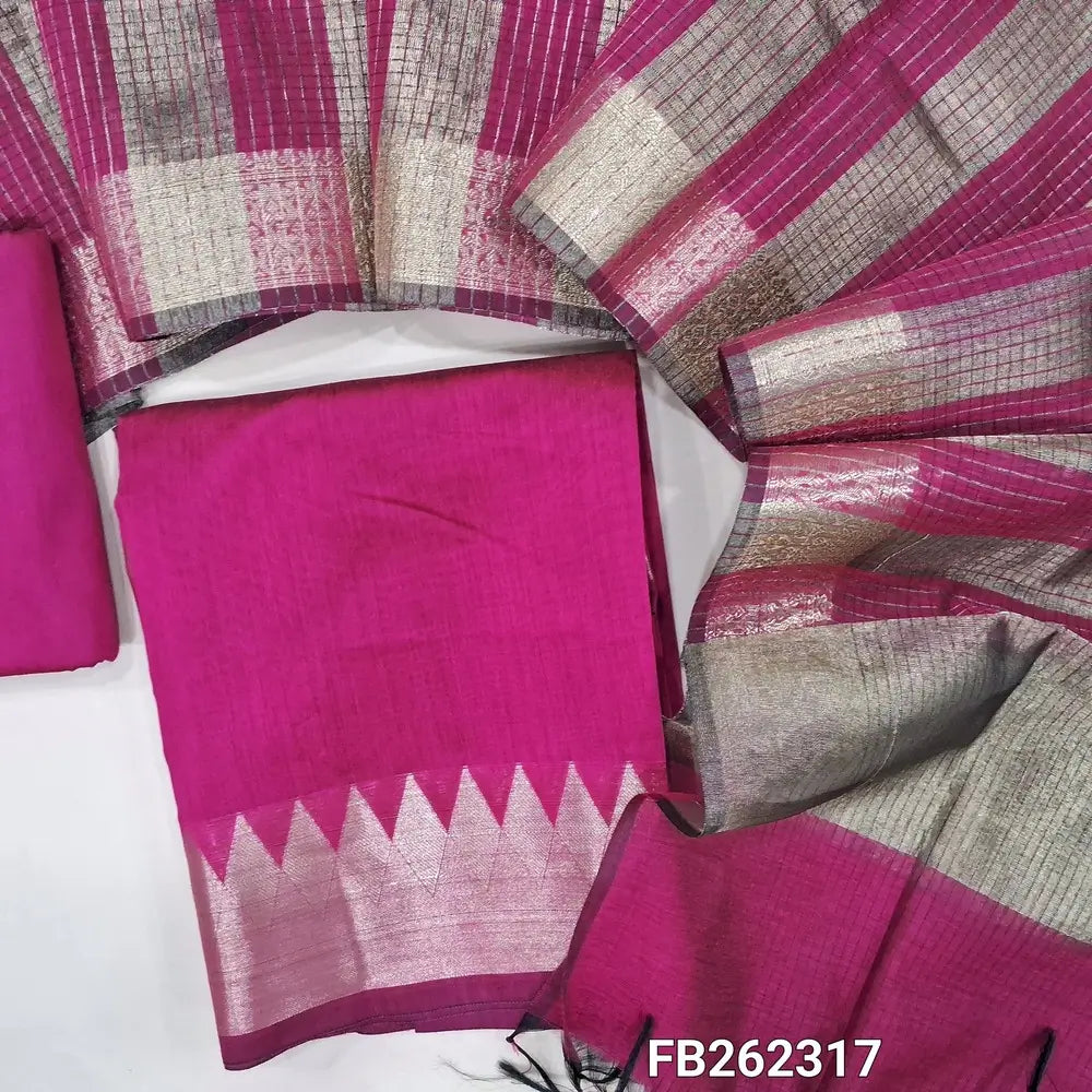 Bright pink semi Maheshwari silk cotton unstitched salwar material (lining needed) double side benarasi borders, matching silk cotton bottom, tissue lines semi Maheshwari silk cotton dupatta with borders & tassels. FB262317