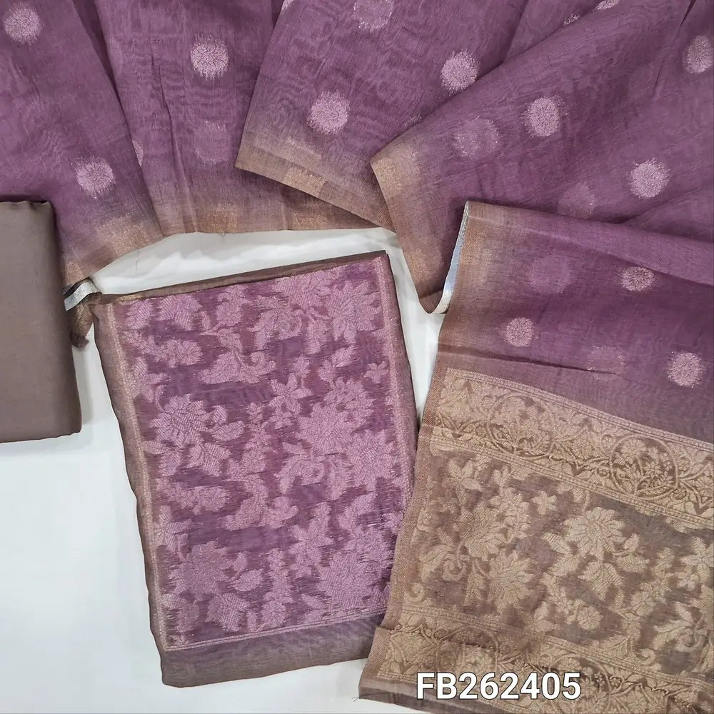 Brown premium silk cotton unstitched salwar material, contrast yoke with zari woven, zari floral buttas on front (Thin, Lining Needed) spun cotton bottom, silk cotton dupatta with zari buttas and rich pallu. FB262405