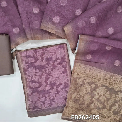 Brown premium silk cotton unstitched salwar material, contrast yoke with zari woven, zari floral buttas on front (Thin, Lining Needed) spun cotton bottom, silk cotton dupatta with zari buttas and rich pallu. FB262405