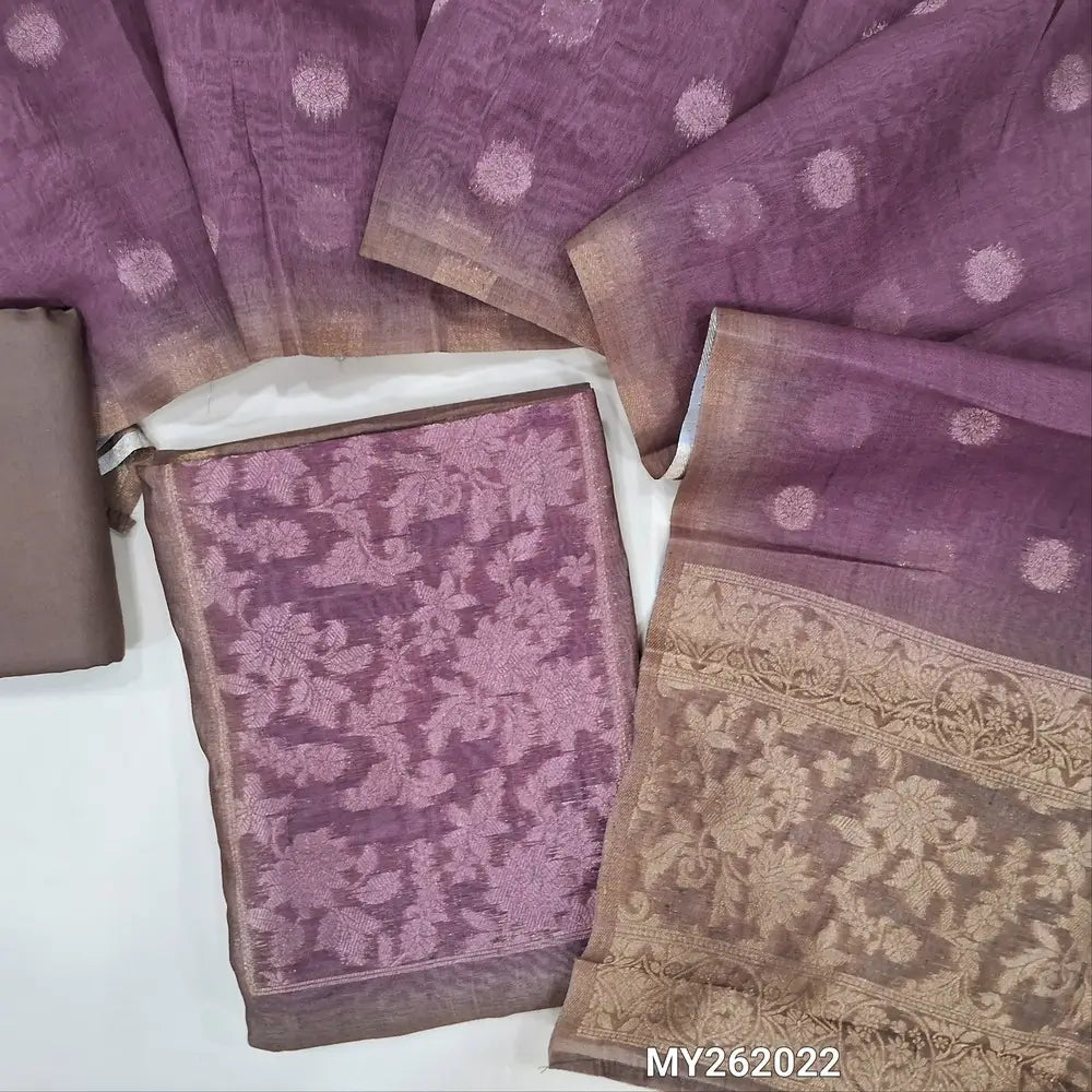 Brown premium chanderi silk cotton unstitched salwar material, contrast yoke with zari woven, zari floral buttas on front (Thin, Lining Needed) spun cotton bottom, silk cotton dupatta with zari buttas and rich pallu. MY262022