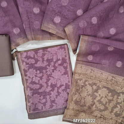 Brown premium chanderi silk cotton unstitched salwar material, contrast yoke with zari woven, zari floral buttas on front (Thin, Lining Needed) spun cotton bottom, silk cotton dupatta with zari buttas and rich pallu. MY262022