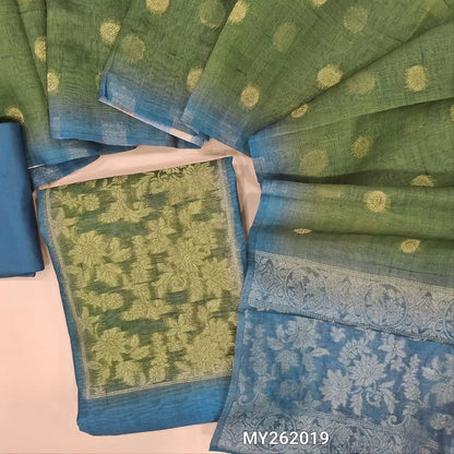 Teal blue premium chanderi silk cotton unstitched salwar material, contrast yoke with zari woven, zari floral buttas on front (Thin, Lining Needed) spun cotton bottom, silk cotton dupatta with zari buttas and rich pallu. MY262019