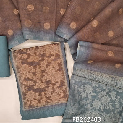 Grey premium silk cotton unstitched salwar material, contrast yoke with zari woven, zari floral buttas on front (Thin, Lining Needed) spun cotton bottom, silk cotton dupatta with zari buttas and rich pallu. FB262403