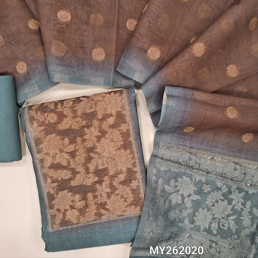Grey premium chanderi silk cotton unstitched salwar material, contrast yoke with zari woven, zari floral buttas on front (Thin, Lining Needed) spun cotton bottom, silk cotton dupatta with zari buttas and rich pallu. MY262020