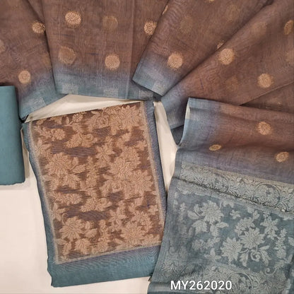 Grey premium chanderi silk cotton unstitched salwar material, contrast yoke with zari woven, zari floral buttas on front (Thin, Lining Needed) spun cotton bottom, silk cotton dupatta with zari buttas and rich pallu. MY262020