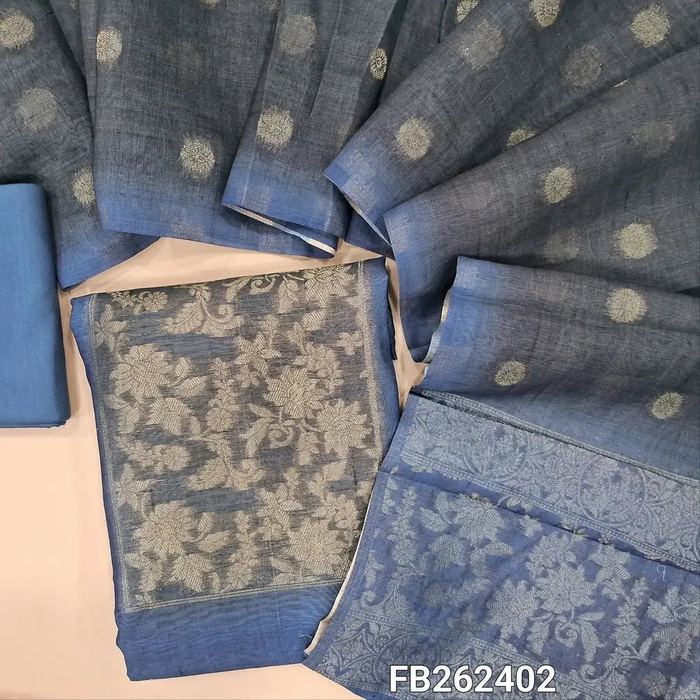 Blue premium silk cotton unstitched salwar material, contrast yoke with zari woven, zari floral buttas on front (Thin, Lining Needed) spun cotton bottom, silk cotton dupatta with zari buttas and rich pallu. FB262402