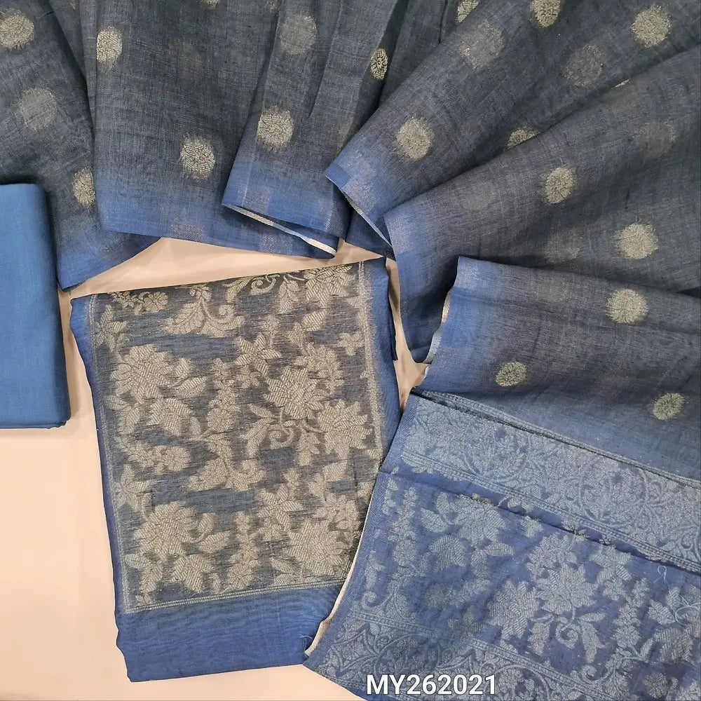 Blue premium chanderi silk cotton unstitched salwar material, contrast yoke with zari woven, zari floral buttas on front (Thin, Lining Needed) spun cotton bottom, silk cotton dupatta with zari buttas and rich pallu. MY262021