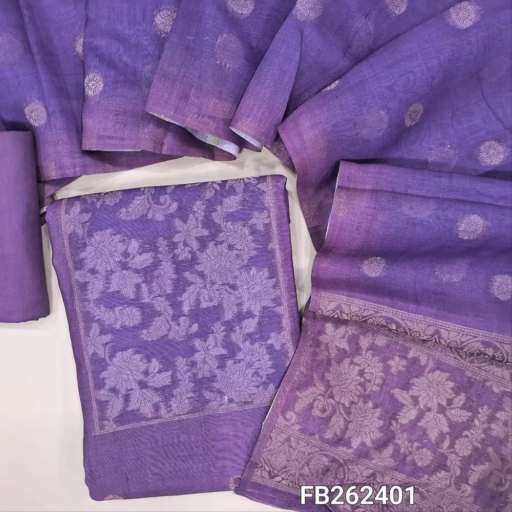 Light purple premium silk cotton unstitched salwar material, contrast yoke with zari woven, zari floral buttas on front (Thin, Lining Needed) spun cotton bottom, silk cotton dupatta with zari buttas and rich pallu. FB262401