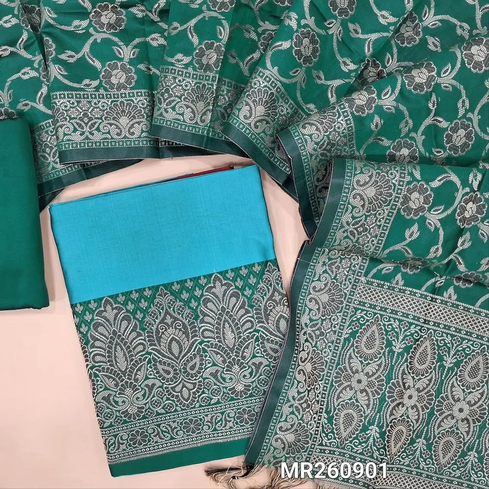 Pastel blue premium silk cotton unstitched salwar material, brocade weaving on daman,(Lining needed)Turquoise green  silk cotton bottom, brocade weaving on silk cotton full length dupatta with rich pallu and tassles. MR260901