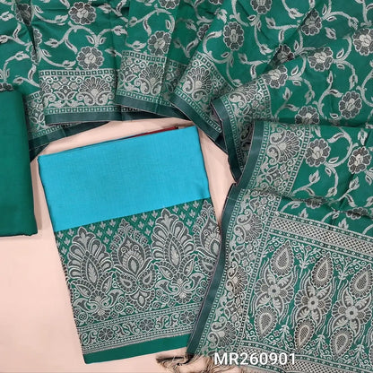 Pastel blue premium silk cotton unstitched salwar material, brocade weaving on daman,(Lining needed)Turquoise green  silk cotton bottom, brocade weaving on silk cotton full length dupatta with rich pallu and tassles. MR260901