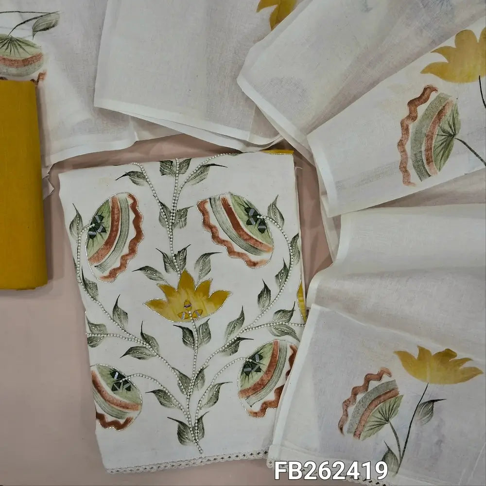 Designer half white pure cotton unstitched salwar material (lining needed) brush paint work with zarodzi,real mirrior and bead on front, yellow cotton bottom, brush paint work on pure mul cotton dupatta . FB262419