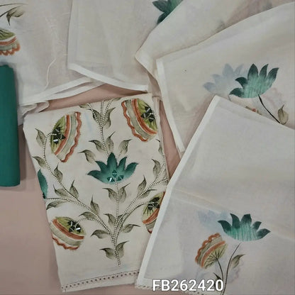 Designer half white pure cotton unstitched salwar material (lining needed) brush paint work with zarodzi,real mirrior and bead on front, teal blue cotton bottom, brush paint work on pure mul cotton dupatta . FB262420