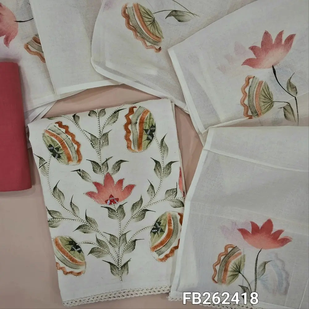 Designer half white pure cotton unstitched salwar material (lining needed) brush paint work with zarodzi,real mirrior and bead on front, peachish pink cotton bottom, brush paint work on pure mul cotton dupatta . FB262418