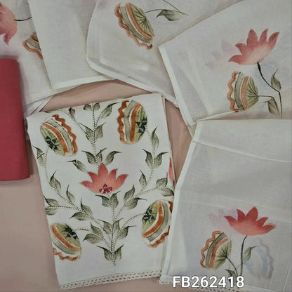 Designer half white pure cotton unstitched salwar material (lining needed) brush paint work with zarodzi,real mirrior and bead on front, peachish pink cotton bottom, brush paint work on pure mul cotton dupatta . FB262418