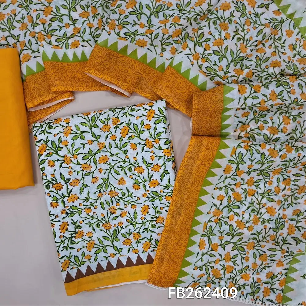 Half white base printed soft cotton unstitched salwar material, self embroidered on front(lining needed)matching cotton bottom, printed mul cotton dupatta with lace tapping. FB262409