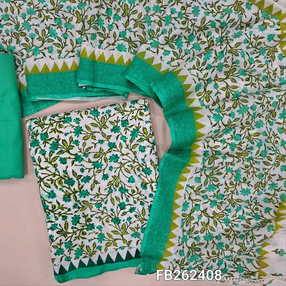 Half white base printed soft cotton unstitched salwar material, self embroidered on front(lining needed)matching cotton bottom, printed mul cotton dupatta with lace tapping. FB262408