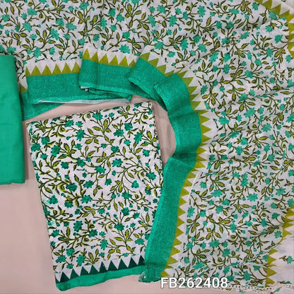 Half white base printed soft cotton unstitched salwar material, self embroidered on front(lining needed)matching cotton bottom, printed mul cotton dupatta with lace tapping. FB262408