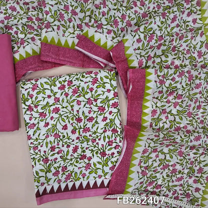 Half white base printed soft cotton unstitched salwar material, self embroidered on front(lining needed)matching cotton bottom, printed mul cotton dupatta with lace tapping. FB262407