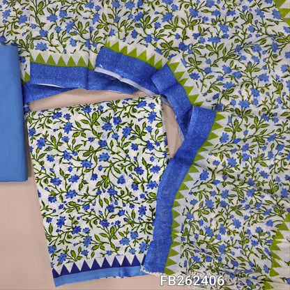 Half white base printed soft cotton unstitched salwar material, self embroidered on front(lining needed)matching cotton bottom, printed mul cotton dupatta with lace tapping. FB262406