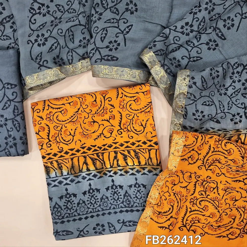 Mango yellow & grey uppada silk unstitched salwar material (lining needed), hand block print allover,santoon bottom,hand block printed uppada silk dupatta with borders.TAPING NEEDED(inconsistency of color & block prints not defect). FB262412