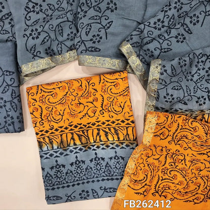 Mango yellow & grey uppada silk unstitched salwar material (lining needed), hand block print allover,santoon bottom,hand block printed uppada silk dupatta with borders.TAPING NEEDED(inconsistency of color & block prints not defect). FB262412