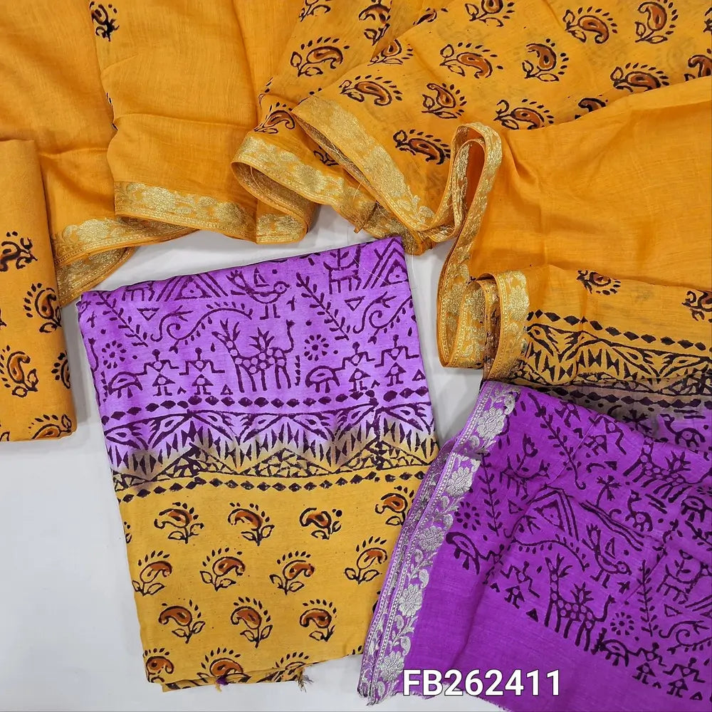 Purple & yellow uppada silk unstitched salwar material (lining needed), hand block print allover,santoon bottom,hand block printed uppada silk dupatta with borders.TAPING NEEDED(inconsistency of color & block prints not defect). FB262411