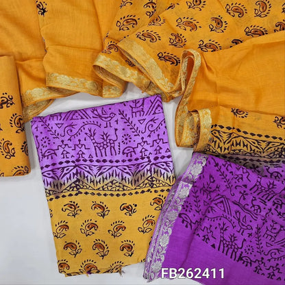 Purple & yellow uppada silk unstitched salwar material (lining needed), hand block print allover,santoon bottom,hand block printed uppada silk dupatta with borders.TAPING NEEDED(inconsistency of color & block prints not defect). FB262411