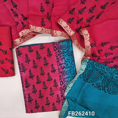 Dark teal blue & peachish pink uppada silk unstitched salwar material (lining needed), hand block print allover,santoon bottom,hand block printed uppada silk dupatta with borders.TAPING NEEDED(inconsistency of color & block prints not defect). FB262410