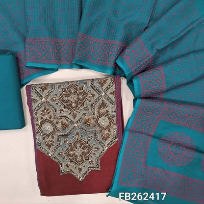 Dark maroon premium slub cotton unstitched salwar material (lining optional) ajrak patch yoke with zari work, panel design, teal blue cotton bottom, hand block printed mul cotton dupatta. FB262417