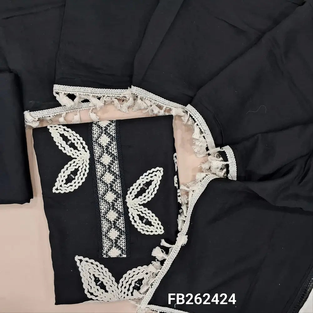 Black liquid fabric unstitched salwar material, real mirror, lace floral design on front (Lining Needed) matching bottom, soft silk cotton dupatta with crochet work and tapings. FB262424