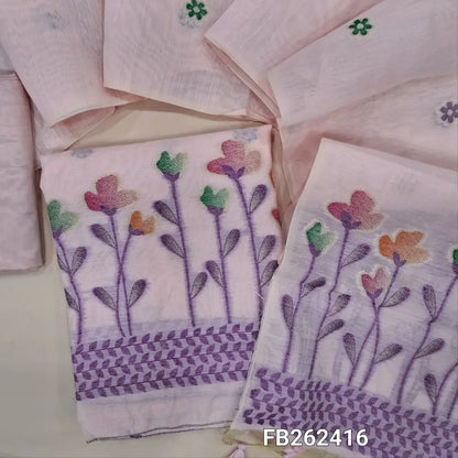 Pastel pink jamdani woven silk cotton unstitched salwar material (shiny, lining needed)buttas on front,thread and zari weaving on daman,matching silky bottom, jamdani woven silk cotton full length dupatta with tassles. FB262416