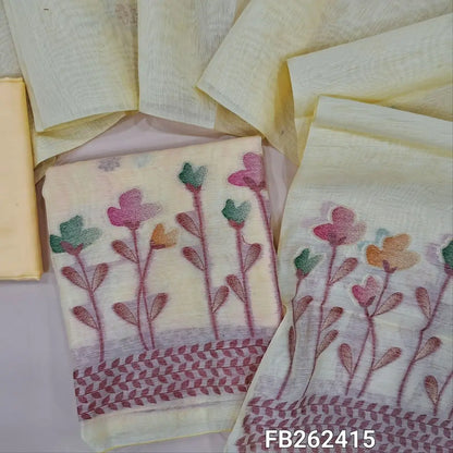 Pastel yellow jamdani woven silk cotton unstitched salwar material (shiny, lining needed)buttas on front,thread and zari weaving on daman,matching silky bottom, jamdani woven silk cotton full length dupatta with tassles. FB262415