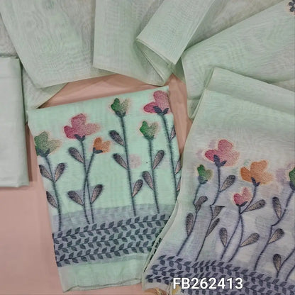 Sea green jamdani woven silk cotton unstitched salwar material (shiny, lining needed)buttas on front,thread and zari weaving on daman,matching silky bottom, jamdani woven silk cotton full length dupatta with tassles. FB262413