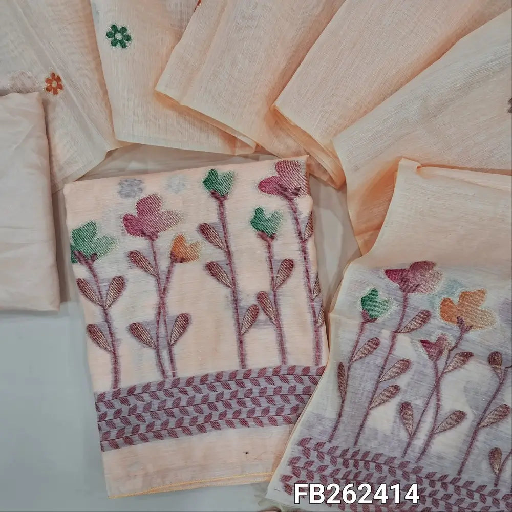 Pastel peach jamdani woven silk cotton unstitched salwar material (shiny, lining needed)buttas on front,thread and zari weaving on daman,matching silky bottom, jamdani woven silk cotton full length dupatta with tassles. FB262414