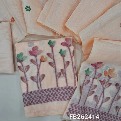 Pastel peach jamdani woven silk cotton unstitched salwar material (shiny, lining needed)buttas on front,thread and zari weaving on daman,matching silky bottom, jamdani woven silk cotton full length dupatta with tassles. FB262414