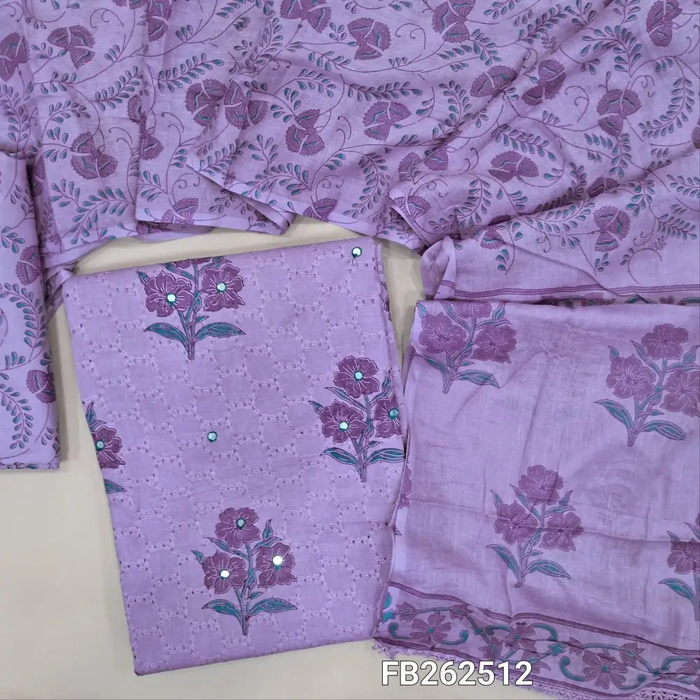 Lavender schiffli embroidered pure soft cotton unstitched salwar material, printed and faux mirror on front,(Thin, Lining Needed) printed soft cotton bottom,printed soft mul cotton dupatta.  FB262512