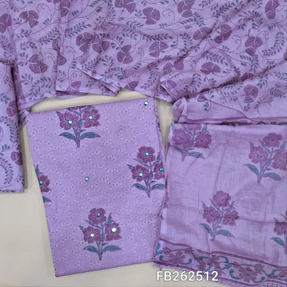 Lavender schiffli embroidered pure soft cotton unstitched salwar material, printed and faux mirror on front,(Thin, Lining Needed) printed soft cotton bottom,printed soft mul cotton dupatta.  FB262512