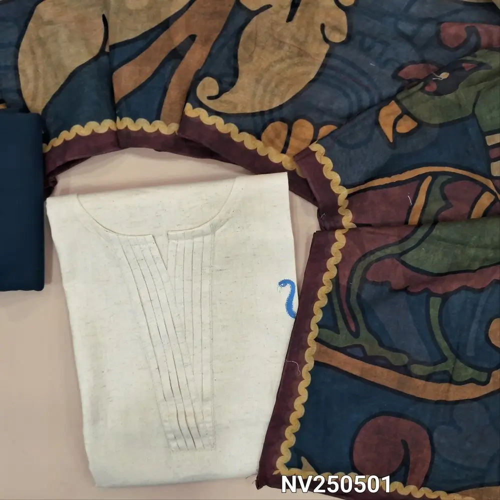 Half white soft flex cotton unstitched salwar material (Lining optional) simple embroidery on front, round notch neck, bluish grey cotton bottom, colorful kalamkari printed stole. NV250501