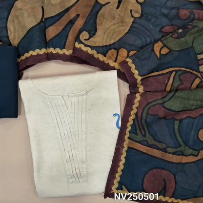 Half white soft flex cotton unstitched salwar material (Lining optional) simple embroidery on front, round notch neck, bluish grey cotton bottom, colorful kalamkari printed stole. NV250501