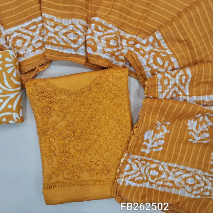 Bright mehandhi yellow wax batik dyed cotton unstitched salwar material(lining optional) embroidery work on yoke, batik dyed pure cotton bottom, batik dyed  full length mul cotton dupatta. FB262502