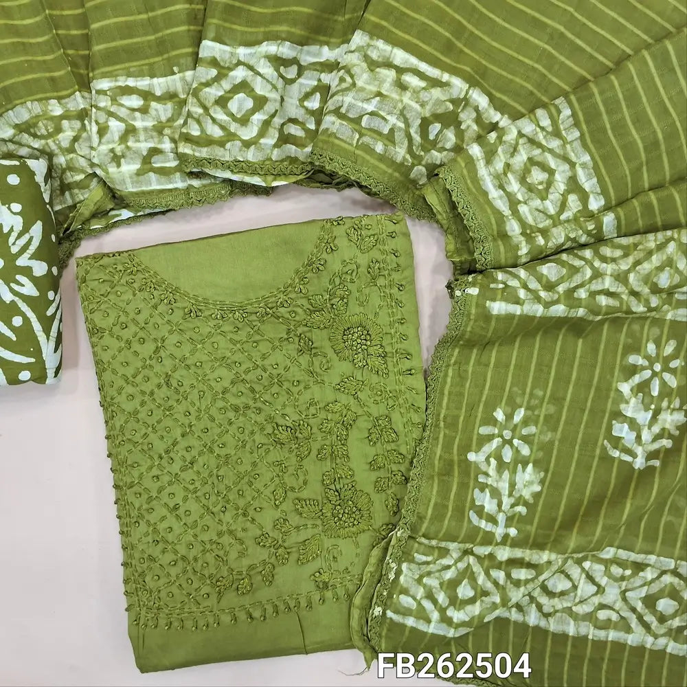 Bright mossy green wax batik dyed cotton unstitched salwar material(lining optional) embroidery work on yoke, batik dyed pure cotton bottom, batik dyed  full length mul cotton dupatta. FB262504